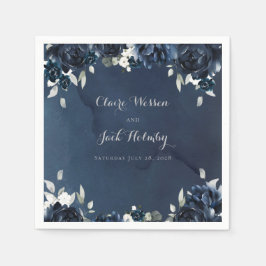 Navy Peony Bröllop Square Cocktail Napkins Pappersservett