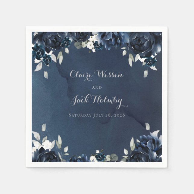 Navy Peony Bröllop Square Cocktail Napkins Pappersservett (Framsidan)