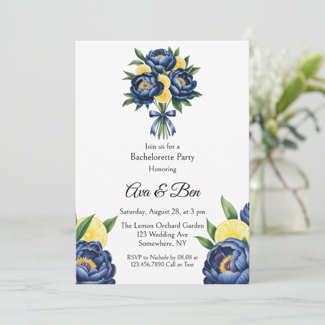 Navy Peony Citrus Paint Blommigt Bachelorette Part Inbjudningar (Stående Fram)