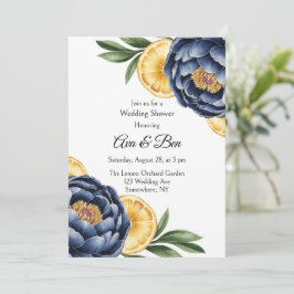 Navy Peony Citrus Watercolor Blommigt Bröllop Inbjudningar
