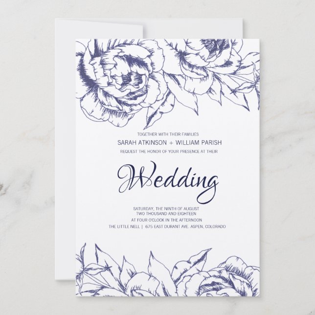 Navy Peony Simple Wedding Invitation Inbjudningar (Framsida)