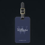 Navy Personalize Marskalkars namn och Monogram Bagagebricka<br><div class="desc">Lägg till en personlig beröring till bröllop med personlig marskalkars bagagemärke. Den här bagagetaggen har personlig Groomsmans namn i det vita klassiska skriptet stil med uppgifter om bröllop i det vita klassiska serif-teckensnittet stil och monogram i det ljusblå klassiska serif-teckensnittet stil som bakgrund, på marin blå bakgrund. Även perfekt för...</div>