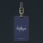 Navy Personalize Marskalkars namn och Monogram Bagagebricka<br><div class="desc">Lägg till en personlig beröring till bröllop med personlig marskalkars bagagemärke. Den här bagagetaggen har personlig Groomsmans namn i det vita klassiska skriptet stil med uppgifter om bröllop i det vita klassiska serif-teckensnittet stil och monogram i det ljusblå klassiska serif-teckensnittet stil som bakgrund, på marin blå bakgrund. Även perfekt för...</div>