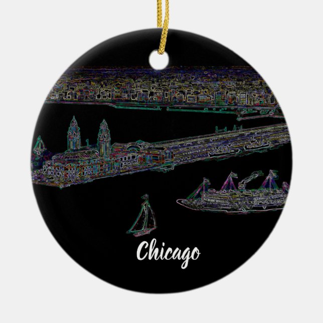 Navy Pier Chicago 1920's NEON Art Windy City Julgransprydnad Keramik (Framsidan)