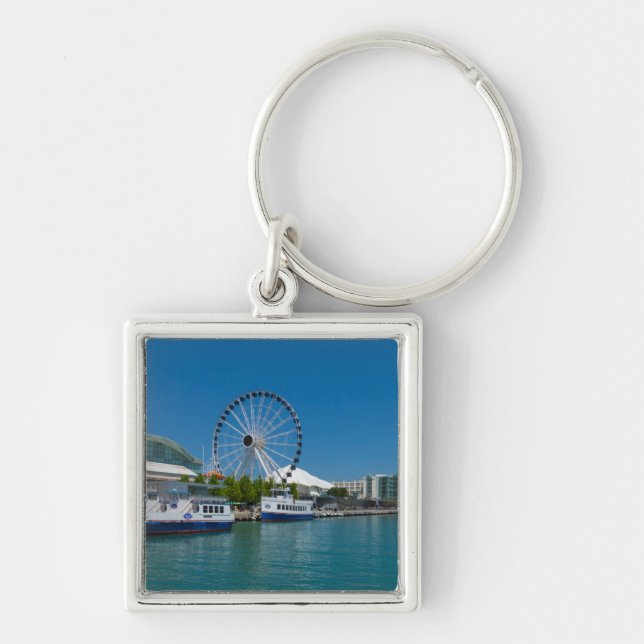 Navy Pier Fyrkantig Silverfärgad Nyckelring (Framsidan)