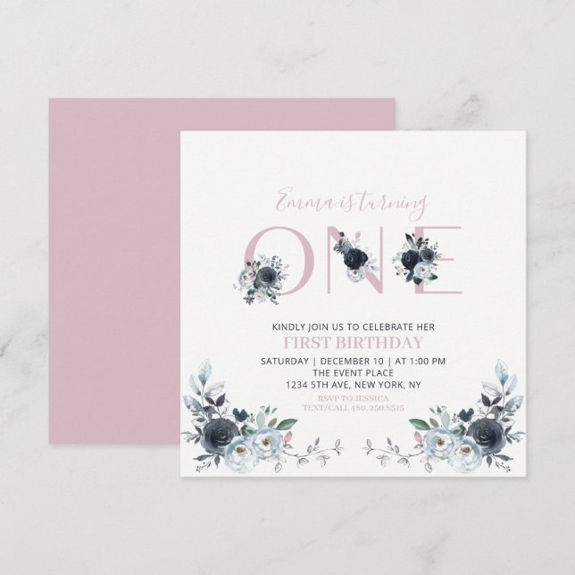 Navy & Pink Boho Blommig Flickas 1-årsdag Fyrkanti Inbjudningar (Fram/baksida)