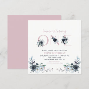 Navy & Pink Boho Blommig Flickas 1-årsdag Fyrkanti Inbjudningar