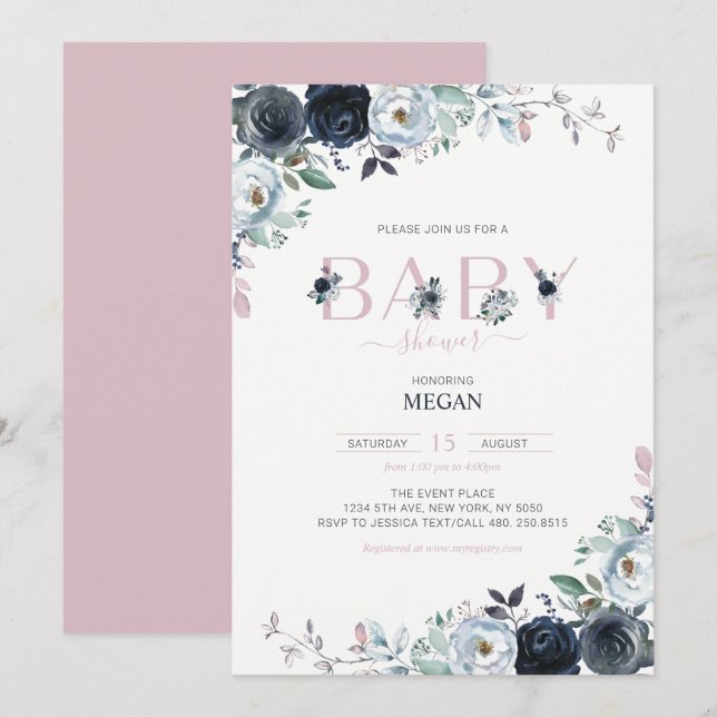 Navy & Pink Boho Blommig Flickig Bebis Shower Inbjudningar (Fram/baksida)