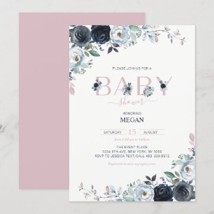 Navy & Pink Boho Blommig Flickig Bebis Shower Inbjudningar