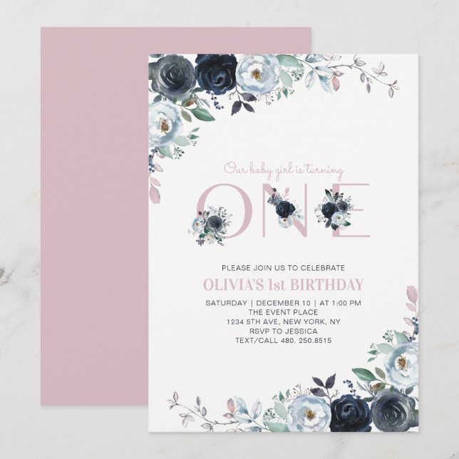 Navy & Pink Boho Blommig Tjej 1-års Födelsedagsfes Inbjudningar (Fram/baksida)