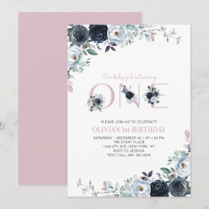Navy & Pink Boho Blommig Tjej 1-års Födelsedagsfes Inbjudningar