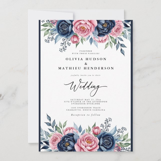 Navy Pink Botanical Bliss Wedding Inbjudningar (Framsida)