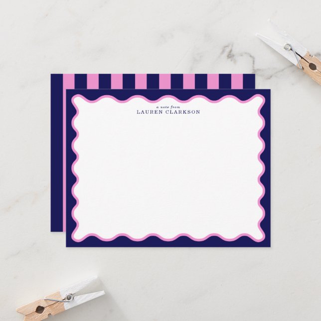 Navy Pink Striped Wavy Frame Note Card Inbjudningar (Fram/Back In Situ)