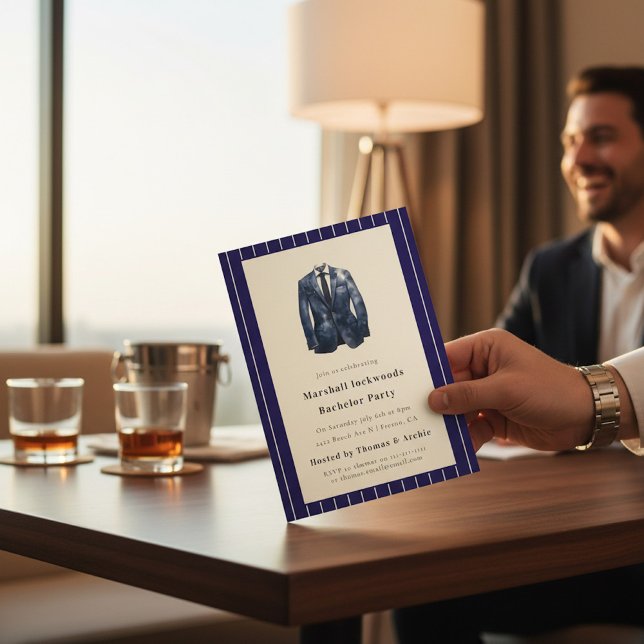 Navy Pinstripe Suit Bachelor Party Invitation Inbjudningar (Skapare uppladdad)