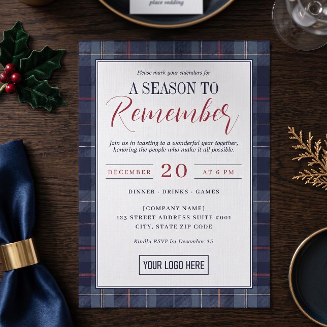 Navy Plaid Företagsjulparty Inbjudningar (Simulated invitation on table)