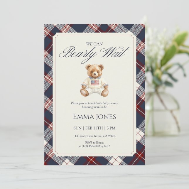 Navy Plaid Teddy Bear Baby Shower Inbjudningar (Stående Fram)