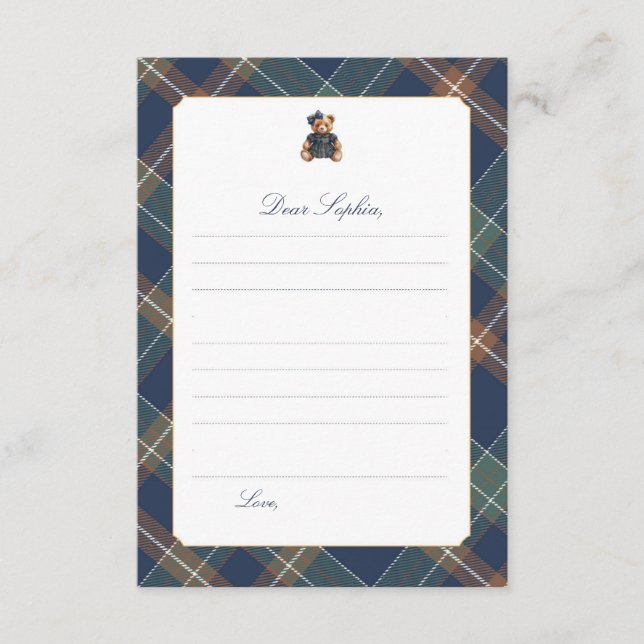 Navy Plaid Teddy Bear Girl Time Capsule Card Inbjudningar (Framsida)