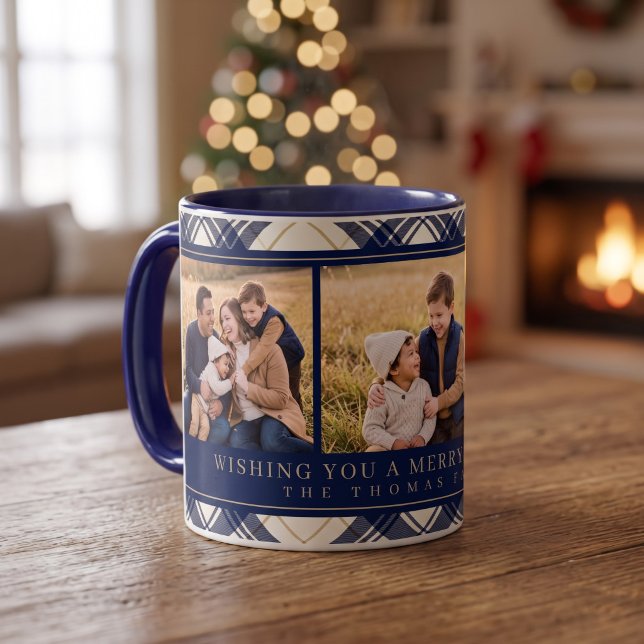 Navy Plaid Tre Foto Jul Mugg (Simulated mug on table)