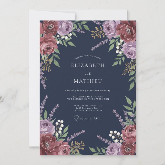 Navy Plum Floral Romantic Wedding Inbjudningar (Framsida)
