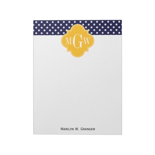 Navy Polka Dot Goldenrod Quatrefoil 3 Monogram Anteckningsblock (Roterad)