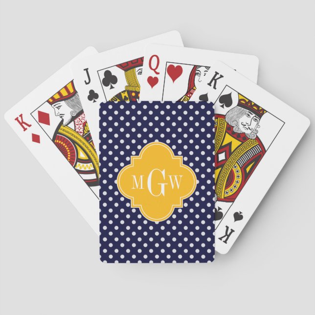 Navy Polka Dot Goldenrod Quatrefoil 3 Monogram Kortlek (Baksidan)