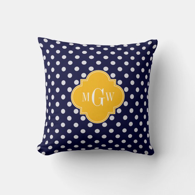 Navy Polka Dot Guldstång Fyrklöver 3 Monogram Kudde (Framsida)