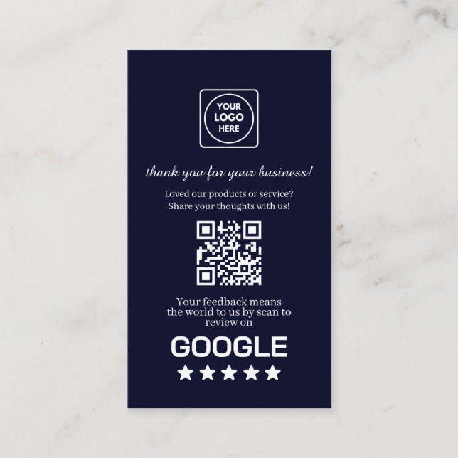 Navy QR | Google Reviews Anpassad Tacklänk Visitkort (Framsida)