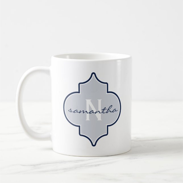 Navy Quatrefoil Monogram Kaffemugg (Vänster)