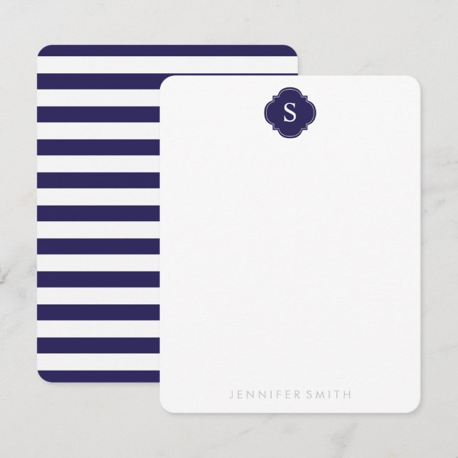 Navy Quatrefoil Monogram och Rand Note Cards Inbjudningar (Fram/baksida)