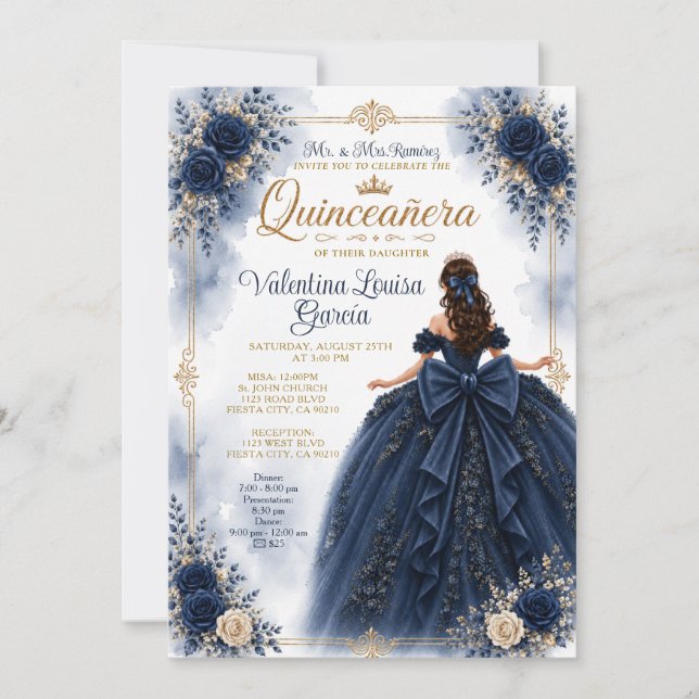 Navy Quinceañera Prinsessklänning Blommig Krona Inbjudningar (Framsida)