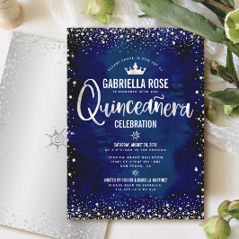 Navy Quinceañera Silver Glitter Princess Krona Inbjudningar