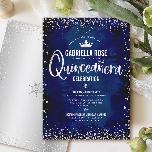 Navy Quinceañera Silver Glitter Princess Krona Inbjudningar (Skapare uppladdad)