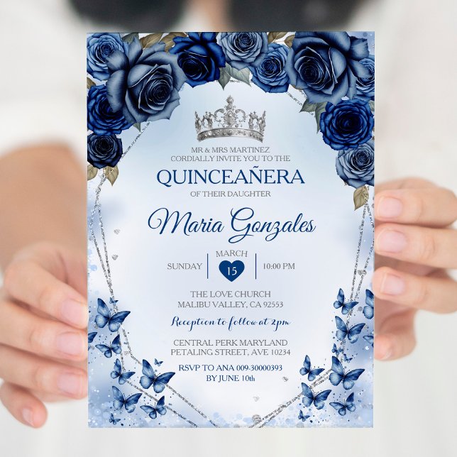 Navy Quinceañera Silver Krona Butterfly 15 Anos Inbjudningar (Skapare uppladdad)