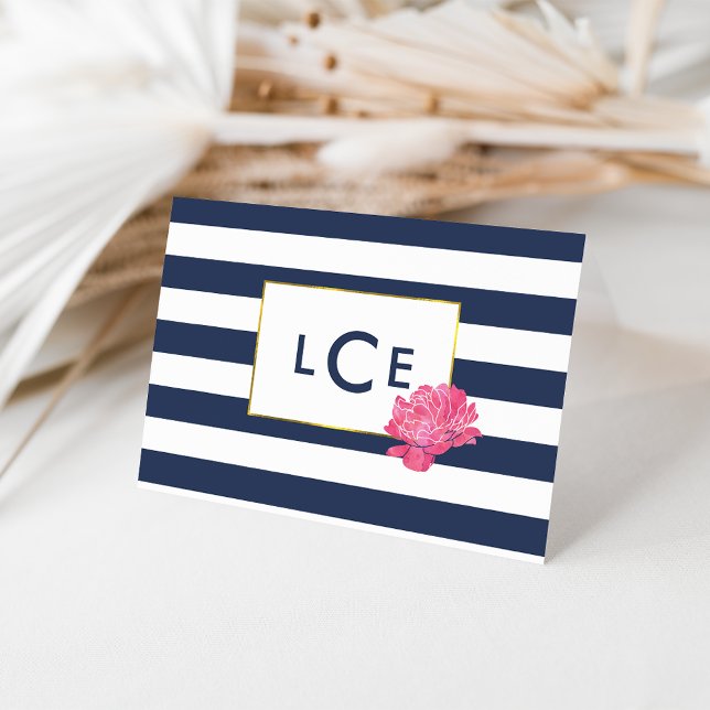 Navy Rand & Rosa Peony Monogram Note Cards Anteckningskort (Skapare uppladdad)