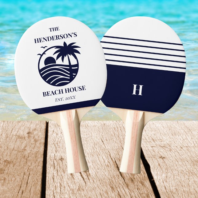 Navy Ränder Palmträd Monogram Familj Coastal Pingisracket (Skapare uppladdad)