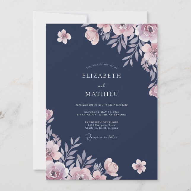 Navy Ranunculus Eucalyptus Bröllop Inbjudningar (Framsida)