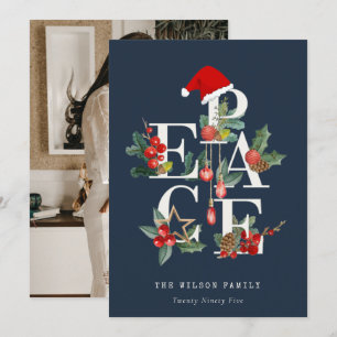 Navy Red Grönt White Peace Jul Foliage Photo Julkort