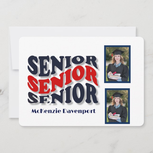 Navy Red Groovy Senior 2 Photo Collage Studenten Inbjudningar (Framsida)