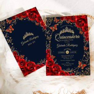 Navy Red Guld Quinceanera Inbjudningar