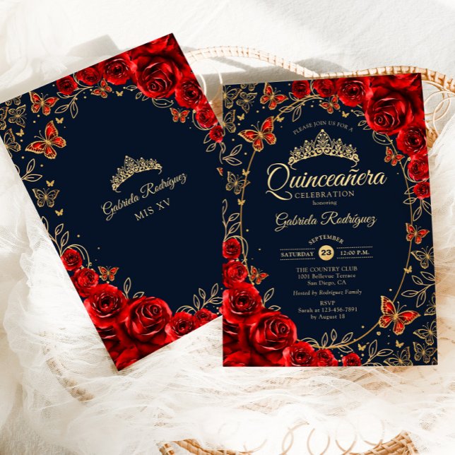 Navy Red Guld Quinceanera Inbjudningar (Skapare uppladdad)