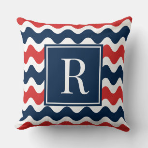 Navy & Red Preppy Ric Rac Randig Monogram Kudde