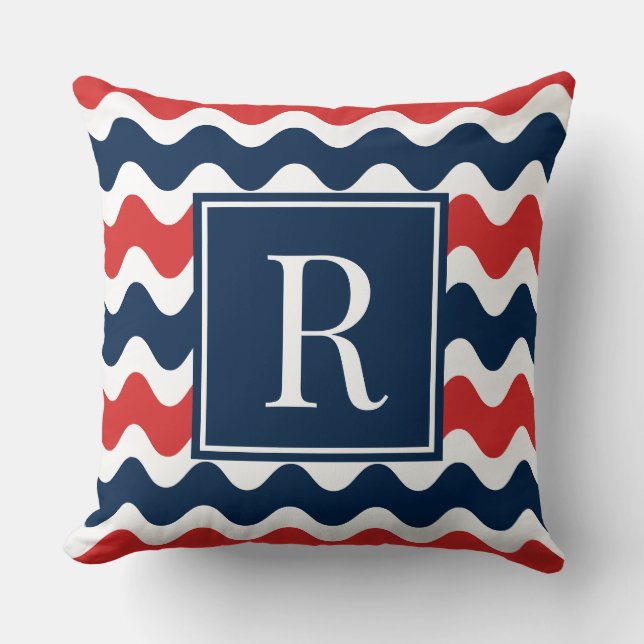 Navy & Red Preppy Ric Rac Randig Monogram  Kudde (Framsida)
