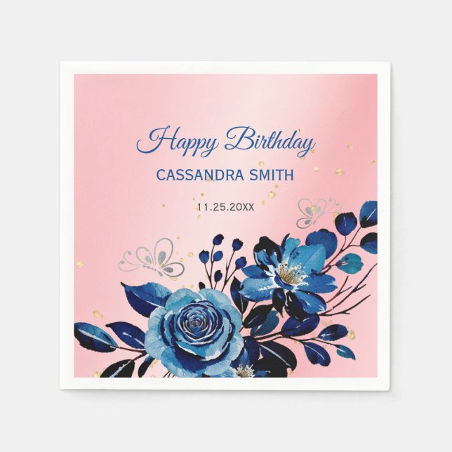 Navy Ro Butterfly Guld Glitter Rosa Birthday Pappersservett (Framsidan)