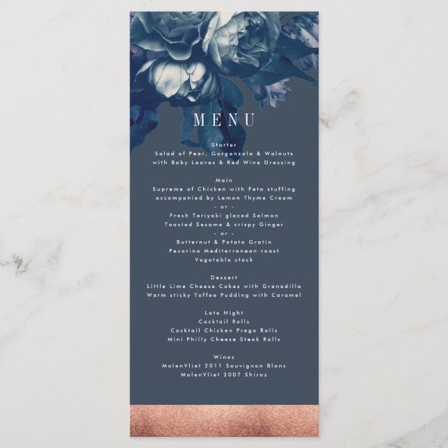 Navy Ro Guld Bouquet Bröllop Menu Meny (Framsida)