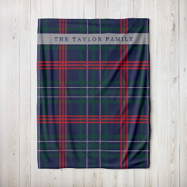 Navy Röd Grön Tartan Plaid Familjenamn Fleecefilt