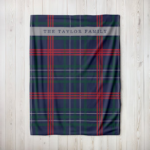Navy Röd Grön Tartan Plaid Familjenamn Fleecefilt