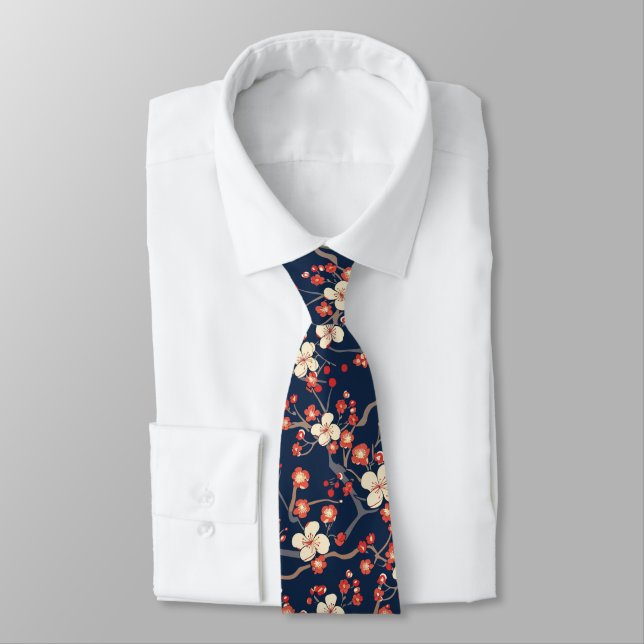 Navy röd körsbärsblomma Japansk blomster Slips (Bunden)