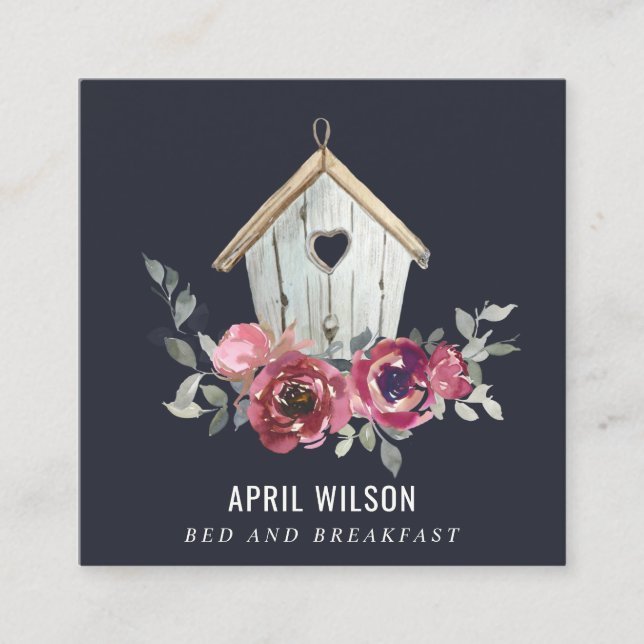 NAVY RÖD ROS BLOMMIGT TRÄ HOME STAD BED BREAKFAST FYRKANTIGT VISITKORT (Framsida)