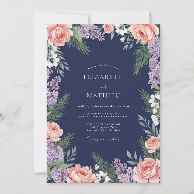 Navy Röda Blommor Bröllop Inbjudningar (Framsida)