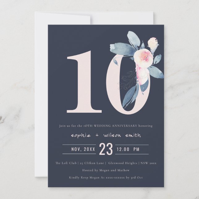 NAVY RODNAD BLÅ BLOMMIG 10-ÅRSJUBILEUM INBJUDNINGAR (Framsida)